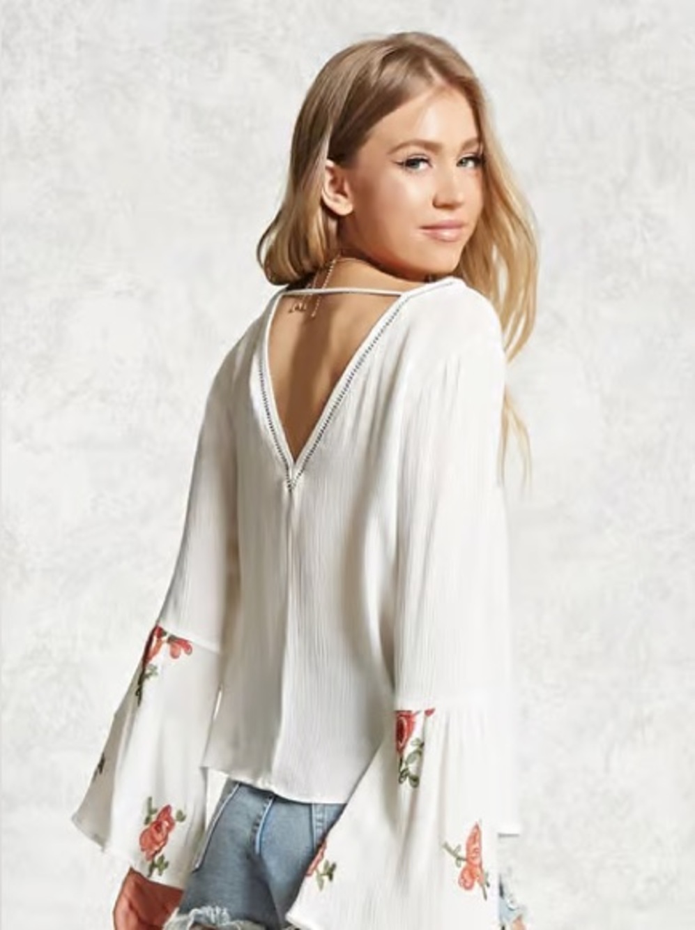 Forever 21 White Floral Embroidered Bell-Sleeve V-Back Top